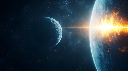 Wall Mural - distant planet and glowing energy bridge connecting its mysterious moon in cosmic galaxy