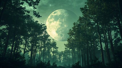 Wall Mural - tranquil alien forest with colossal glowing moon casting soft light over surreal landscape