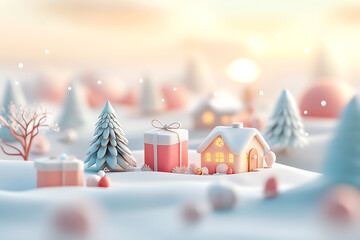 Miniature winter decor, tiny wrapped gifts and ornaments, cozy feel, 3D illustration