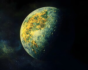 Wall Mural - Vibrant Lunar Ecosystem Orbiting Barren Planet in Cosmic Contrast