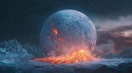 Wall Mural - icy moon orbiting a volcanic exoplanet glowing under the moonlight in a cosmic landscape