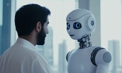 Man looks at a white humanoid robot.
