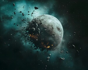 moon disintegrating in cosmic orbit as planet decays into debris