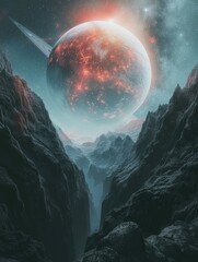 Wall Mural - an alien landscape features a massive, glowing planet with an eerie red hue against the backdrop of 