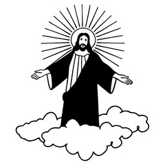 Jesus Christ in Glory: A powerful black and white illustration of Jesus Christ ascending above clouds, radiating divine light.  A symbolic representation of faith, hope, and redemption. 