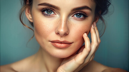 Portrait of woman with flawless skin looking at camera

