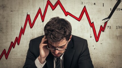 Businessman studying declining sales graph, showing signs of worry and disappointment