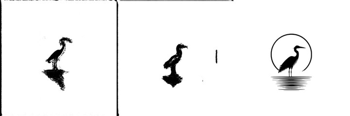 Wall Mural - Ripples in a black and white heron illustration standing in water.