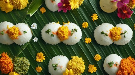 A festive Indian brunch featuring a variety of dishes like idli, upma, and coconut chutney, beautifully served on banana leaves with colorful decorations