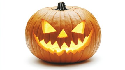 Carved jack-o'-lantern pumpkin glowing on a white background, with high contrast to emphasize the spooky face and festive spirit