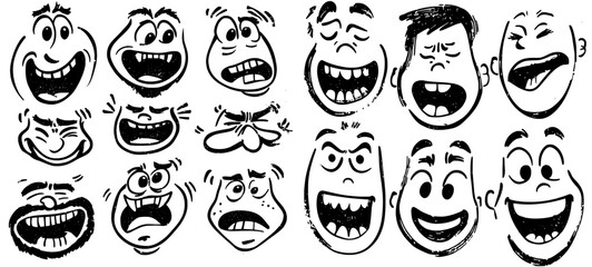 Wall Mural - Cartoon faces with happy expressions. Laughing, crying, and crying expressions. A collection of expressive caricatures and cartoon cartoons.