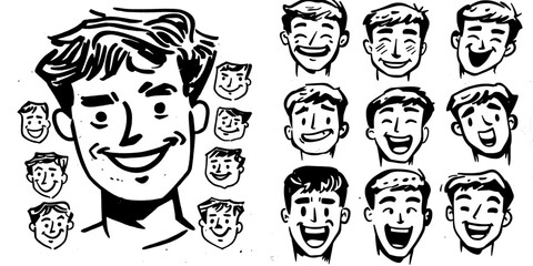 Wall Mural - An illustration of a man's face with different emotions. Male profile outline symbols of emojis. Happy, sad, happy, funny, and angry portraits of a man.