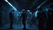 © Jahan Mirovi - A group of astronauts in advanced suits convenes in a dimly lit futuristic space station engaged in a crucial discussion about their upcoming mission objectives