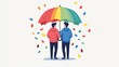 © TSUCHAXAYA - Two people stand under a colorful umbrella, enjoying each other's company amidst falling leaves, symbolizing togetherness and joy.