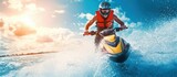 young man in a helmet and life jacket on a water bike jumping over the waves of the sea