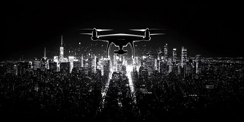 A minimalist, black-and-white image of a drone flying through a city skyline at night. 