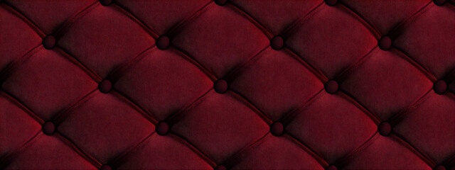 Abstract dark red retro vintage sofa textile fabric texture background - Upholstered velours velvet furniture in the classic style of stiching rhombus with button, diamond quilted, seamless