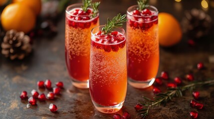 Poster - Refreshing pomegranate cocktails with mint and orange on a festive table setting for winter