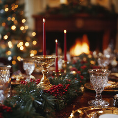 A beautifully set Christmas table adorned with elegant glassware, golden candle holders, and festive greenery, creating warm and inviting atmosphere for holiday gatherings