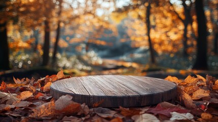 Poster - A rustic wooden platform surrounded by colorful autumn leaves in a tranquil forest setting