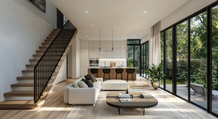 Wall Mural - Modern living room and kitchen blend in a bright, open-concept home surrounded by greenery