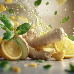 A vibrant arrangement of sliced ginger and lemons, surrounded by mint leaves, with droplets of water creating a refreshing atmosphere.