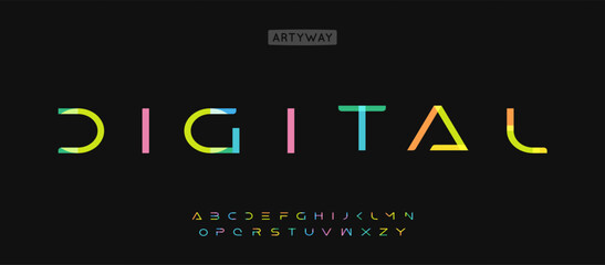 Poster - Youthful futuristic alphabet, wide geometric letters, vibrant colorful font for tech logos, playful headline, colorful typography, artistic design. Vector typeset.