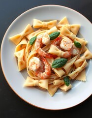 A plate of bow tie pasta with shrimp and basil, ready to be enjoyed