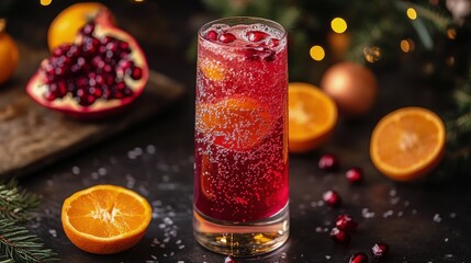 Poster - Refreshing pomegranate cocktails with mint and orange on a festive table setting for winter