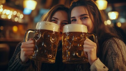 Wall Mural - Two friends enjoying large mugs of beer in a cozy pub during the evening hours