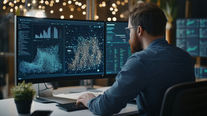 Data analysis professional working on dual monitors displaying complex data visualizations and graphs, immersed in his work. environment is modern and tech focused, creating an inspiring atmosphere