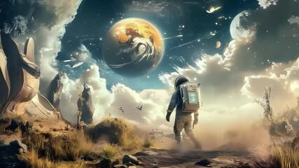 Wall Mural - Astronaut exploring a distant alien landscape with vibrant planets and cosmic clouds.