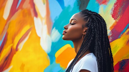 Woman with long braids standing in front of a colorful mural, bright and lively atmosphere, confident and bold expression