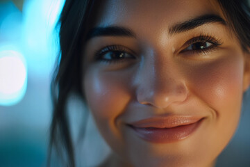 Bright smile of a young woman in a colorful setting at night