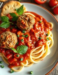 a plate of spaghetti with two meatballs, tomato sauce, and fresh herbs, perfect for a comforting din