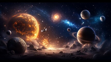 Wall Mural - A space scene with a large planet in the center and several smaller planets surrounding it. The scene is filled with stars and planets, giving it a sense of vastness and wonder