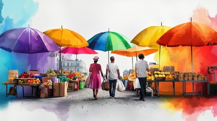 Vibrant market scene with colorful umbrellas and people shopping surrounded by fresh produce and a lively atmosphere.