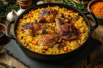 Wall Mural - Aerial shot of Arroz con pollo in a black pot on a rustic wooden table featuring rice chicken and vegetables with ingredients on a slate board