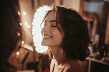 A smiling actress getting makeup done in a studio before shooting, dressing room, soft lighting, close-up, side view 1