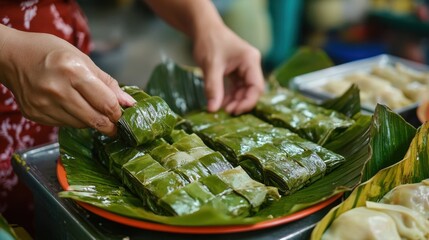 A plate of banh gio (Vietnamese pyramid dumplings) being unwrapped from banana