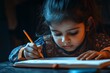 © Maelgoa - A child writing in a notebook with a pencil, warm indoor light, close-up, front view, focused expression 2