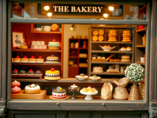 A bakery with a window display of cakes and pastries. The bakery is open and inviting. The cakes are arranged in a way that makes them look delicious and tempting