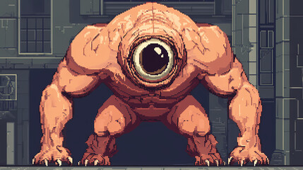 A cyclops with one large eye and a muscular build , pixel art, game assets. Giant Cyclops. Illustration