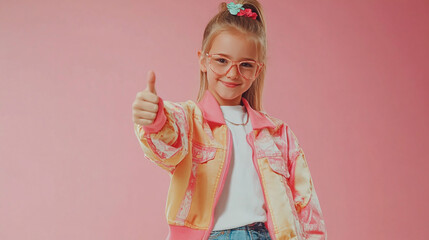 Stylish teenage girl posing with a confident thumbs up gesture against a trendy pink background