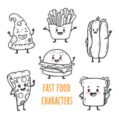 Wall Mural - set of cartoon fast food characters isolated on white. French fries, burger, hot dog, pizza slice and sandwich in doodle style. Vector illustration