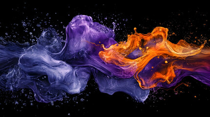 Abstract water painting, color mist. Magic spell mystery. Bold colors purple and orange contrast vapor floating colors, splash cloud explosion texture background banner illustration