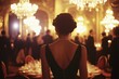 © Maelgoa - A young French woman in a cocktail dress, attending a soirée in a grand Parisian ballroom, elegant lighting 1