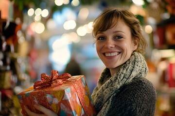 A smiling saleswoman wrapping a gift, vibrant store, bright lighting, close-up, front view 3