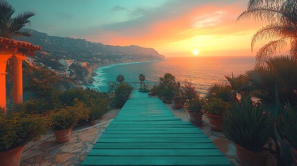 Serene coastal sunset view with vibrant colors, overlooking the ocean from a terrace surrounded by lush greenery and palm trees.