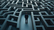 © Alfazet Chronicles - Person standing in a large, complex labyrinth wearing a suit, facing a maze with high walls, contemplating the path forward.